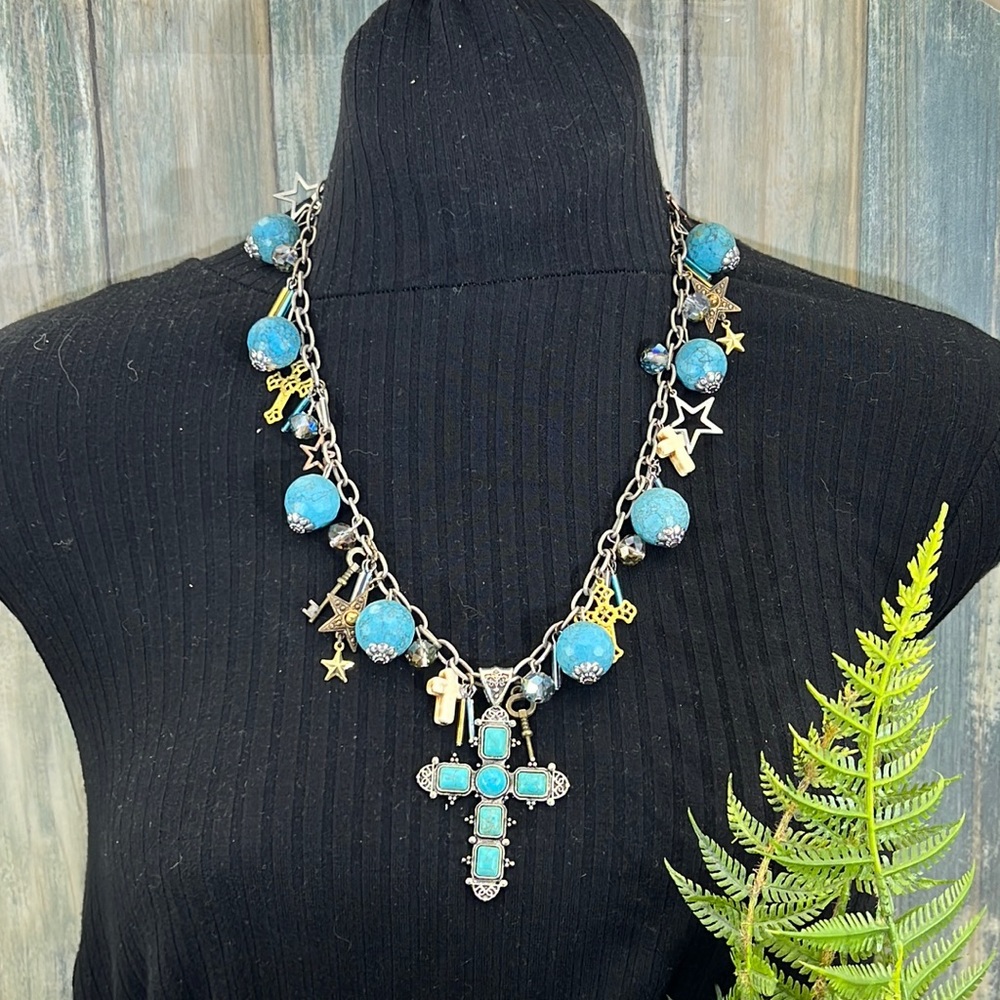 👑Adorned Crown cowgirl collection turquoise cross key Star charm necklace